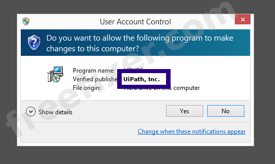 Screenshot where UiPath, Inc. appears as the verified publisher in the UAC dialog